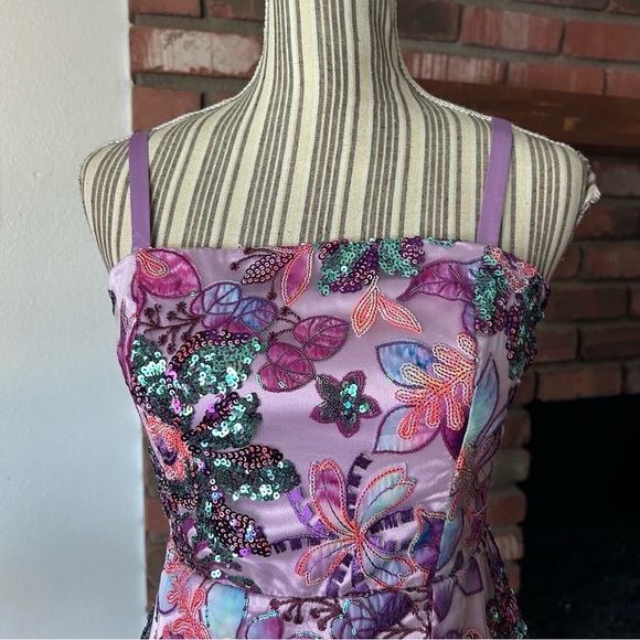 Boston Proper Embroidered Sequin Mesh Ruffle Slit Midi Dress Purple Multi Sz 4 - Picture 7 of 12